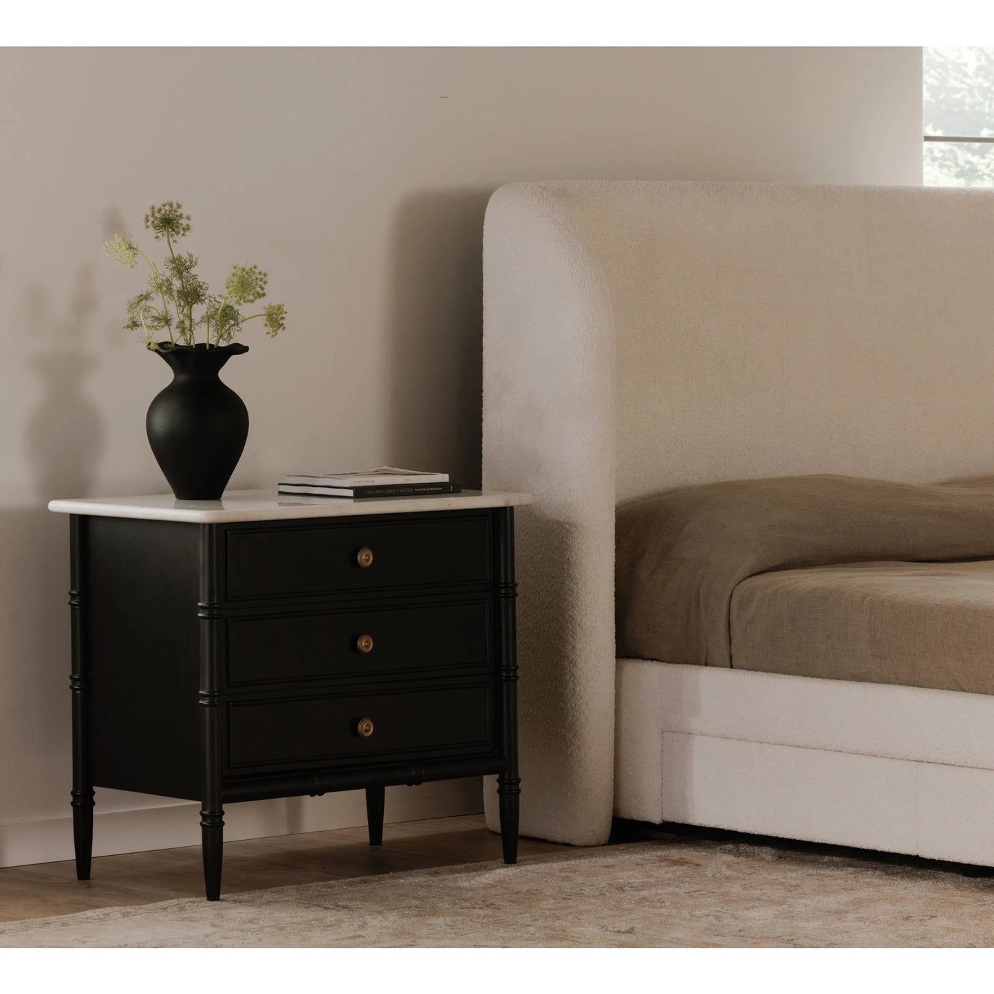 011 SI-2367997 | Lifestyle | Eleanor Nightstand by Moe's Home Collection in black. Made from banswara marble top, mdf frame, case, drawers, solid mango wood legs in a traditional style.