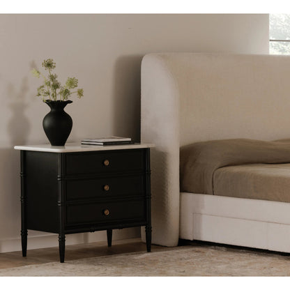 Eleanor Nightstand by Moe's Home Collection in black. Made from banswara marble top, mdf frame, case, drawers, solid mango wood legs in a traditional style.