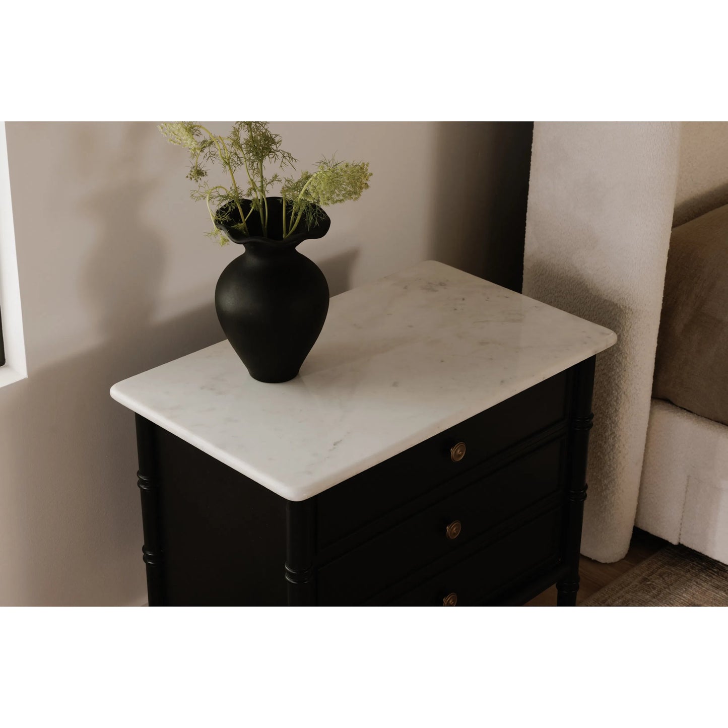 013 SI-2367997 | Lifestyle | Eleanor Nightstand by Moe's Home Collection in black. Made from banswara marble top, mdf frame, case, drawers, solid mango wood legs in a traditional style.