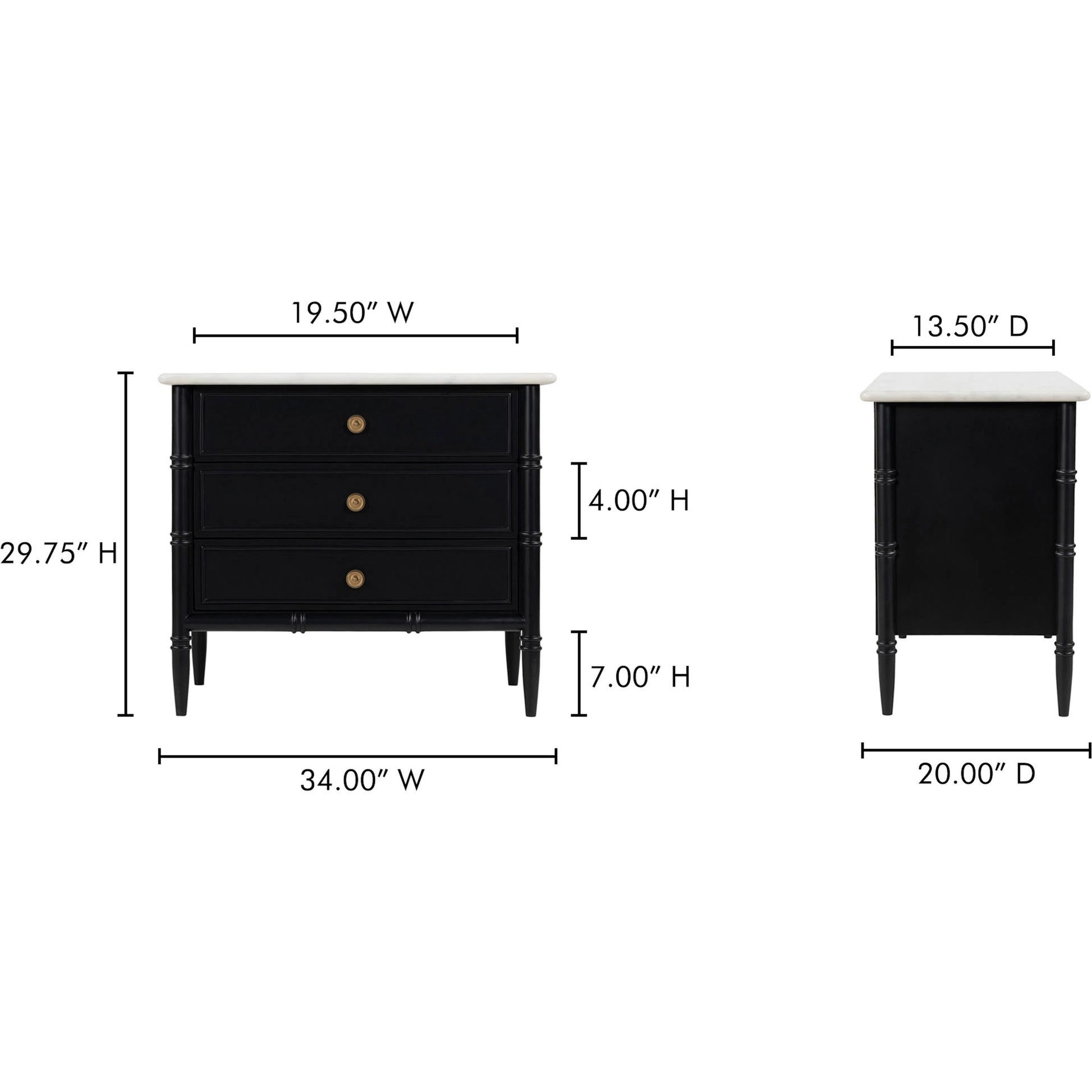 Eleanor Nightstand by Moe's Home Collection in black. Made from banswara marble top, mdf frame, case, drawers, solid mango wood legs in a traditional style.