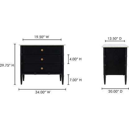 Eleanor Nightstand by Moe's Home Collection in black. Made from banswara marble top, mdf frame, case, drawers, solid mango wood legs in a traditional style.