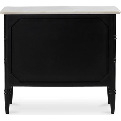 Eleanor Nightstand by Moe's Home Collection in black. Made from banswara marble top, mdf frame, case, drawers, solid mango wood legs in a traditional style.