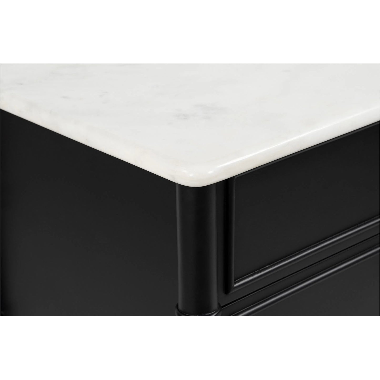 009 SI-2367997 | Closeup | Eleanor Nightstand by Moe's Home Collection in black. Made from banswara marble top, mdf frame, case, drawers, solid mango wood legs in a traditional style.