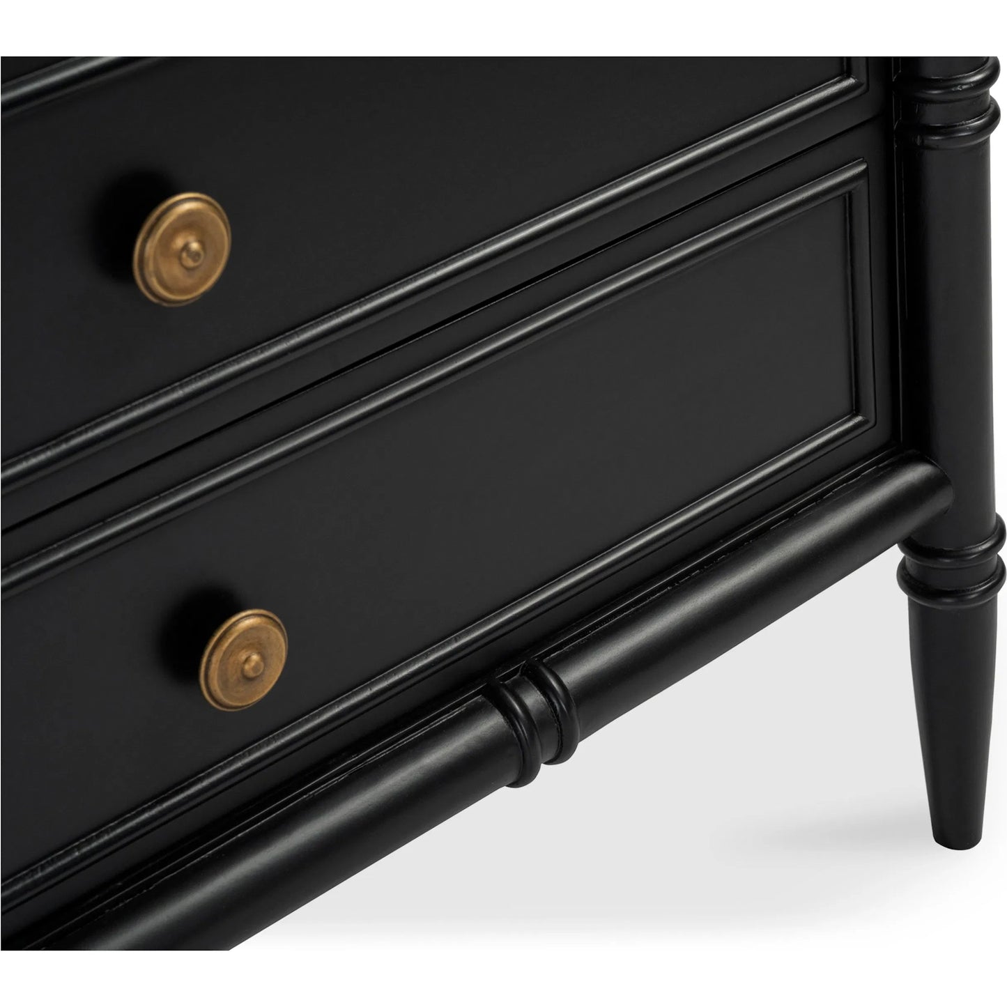 010 SI-2367997 | Closeup | Eleanor Nightstand by Moe's Home Collection in black. Made from banswara marble top, mdf frame, case, drawers, solid mango wood legs in a traditional style.