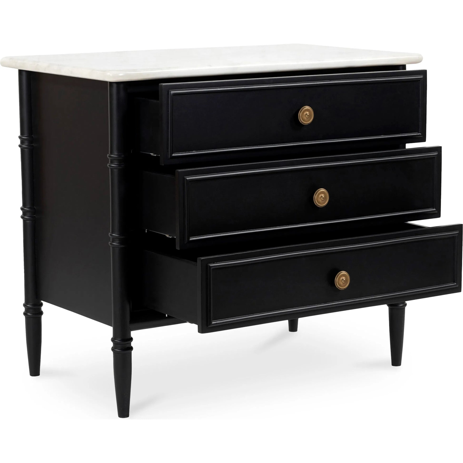 Eleanor Nightstand by Moe's Home Collection in black. Made from banswara marble top, mdf frame, case, drawers, solid mango wood legs in a traditional style.