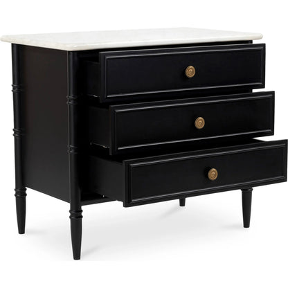 Eleanor Nightstand by Moe's Home Collection in black. Made from banswara marble top, mdf frame, case, drawers, solid mango wood legs in a traditional style.