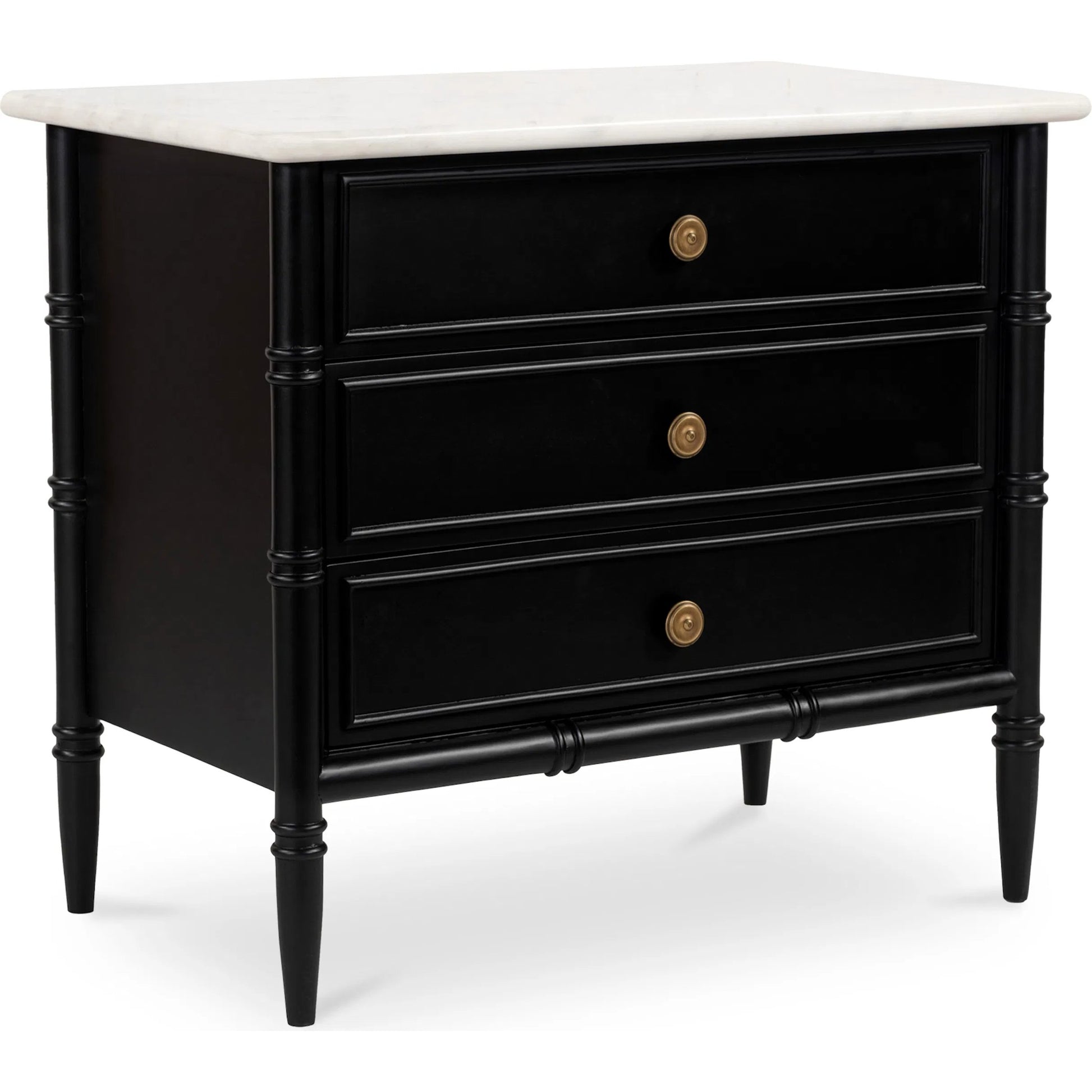 Eleanor Nightstand by Moe's Home Collection in black. Made from banswara marble top, mdf frame, case, drawers, solid mango wood legs in a traditional style.