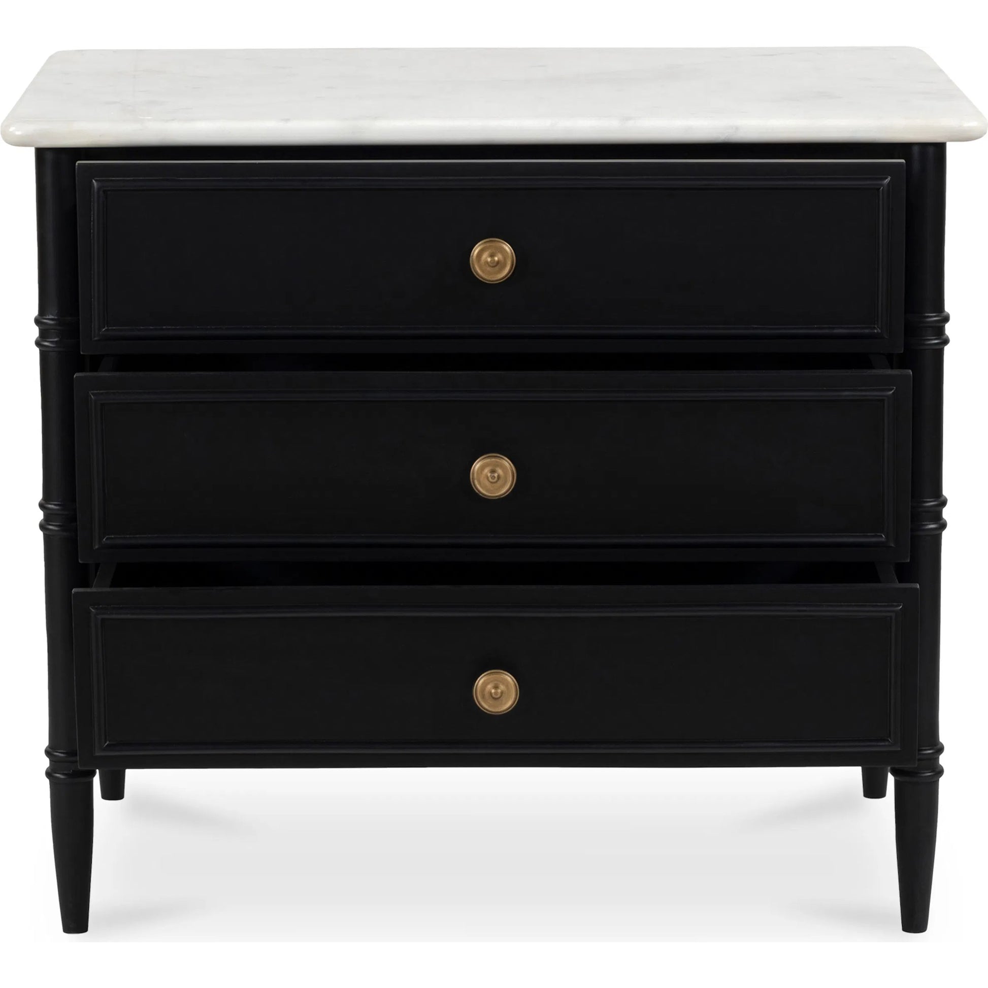 Eleanor Nightstand by Moe's Home Collection in black. Made from banswara marble top, mdf frame, case, drawers, solid mango wood legs in a traditional style.