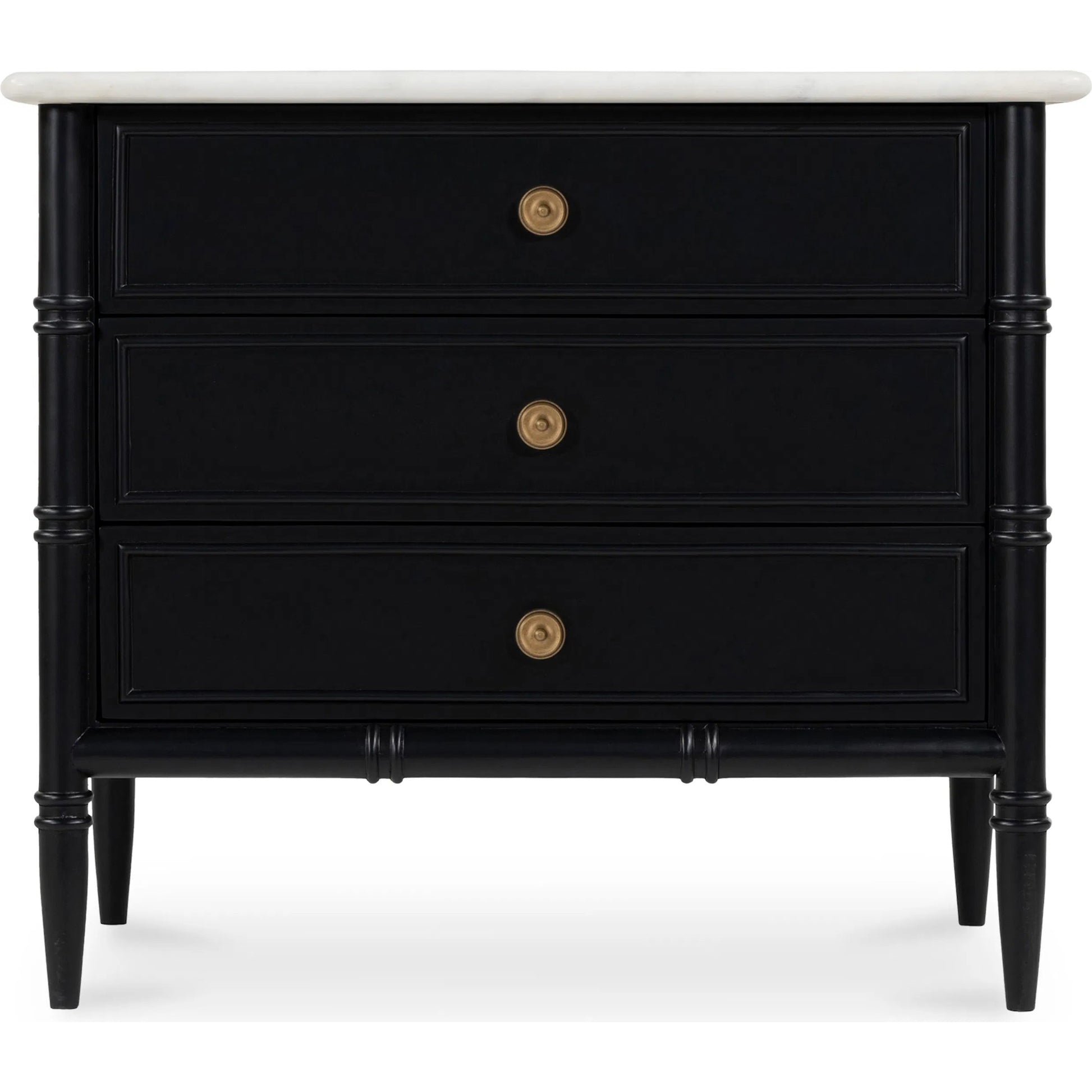 Eleanor Nightstand by Moe's Home Collection in black. Made from banswara marble top, mdf frame, case, drawers, solid mango wood legs in a traditional style.