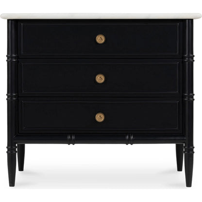 Eleanor Nightstand by Moe's Home Collection in black. Made from banswara marble top, mdf frame, case, drawers, solid mango wood legs in a traditional style.