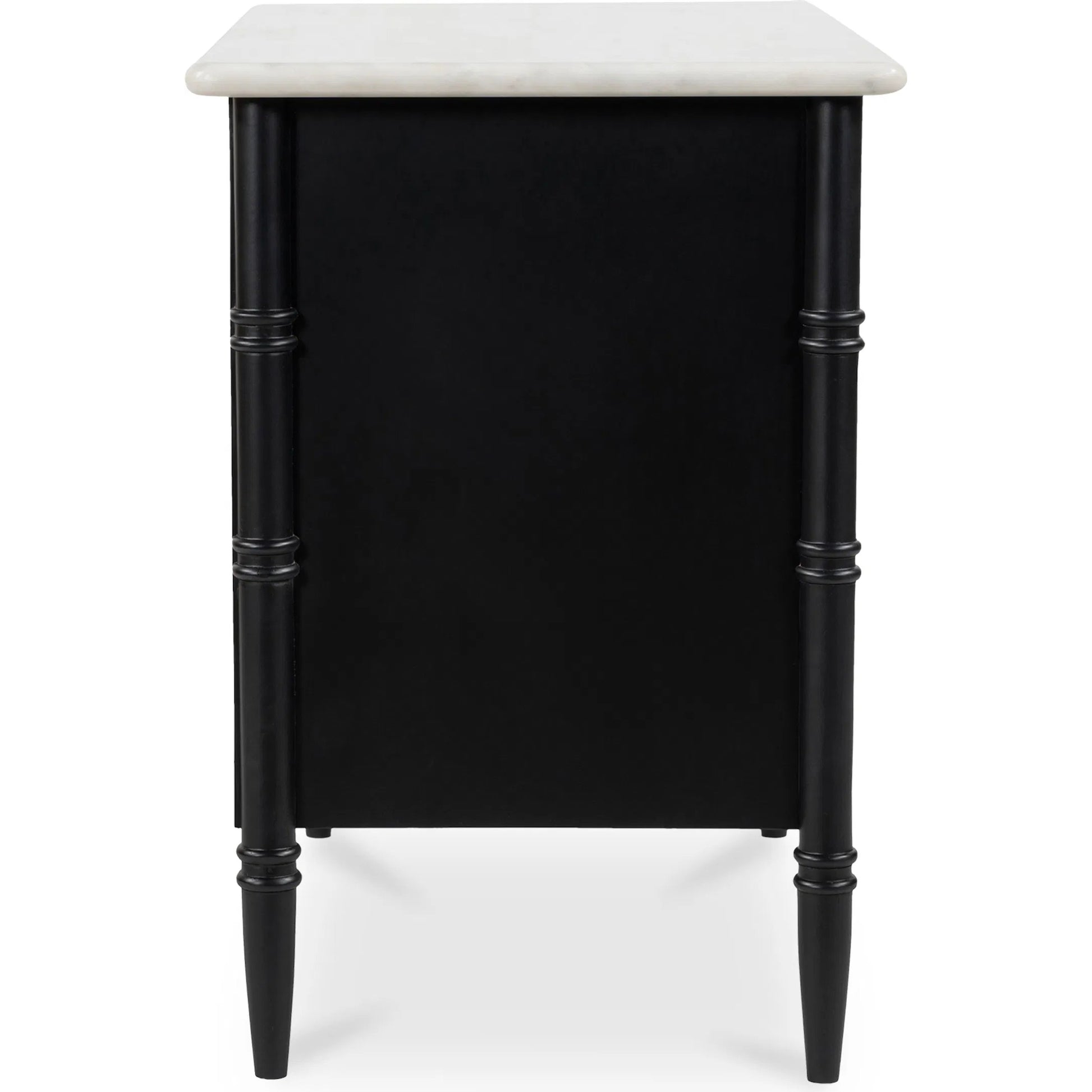 Eleanor Nightstand by Moe's Home Collection in black. Made from banswara marble top, mdf frame, case, drawers, solid mango wood legs in a traditional style.