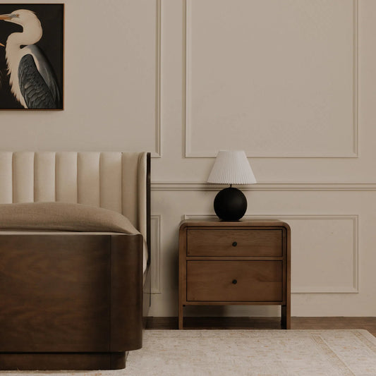 Riley Nightstand by Moe's Home Collection in brown. Made from oak, oak veneer in a unique style.