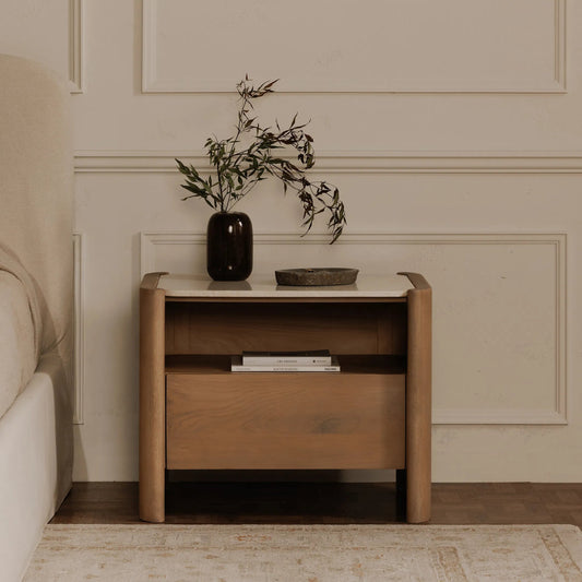 Lane Nightstand by Moe's Home Collection in natural. Made from oak, oak veneer, bottichino marble in a unique style.