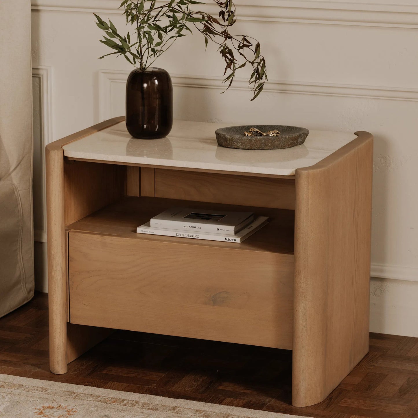 003 SI-2368145 | Lifestyle | Lane Nightstand by Moe's Home Collection in natural. Made from oak, oak veneer, bottichino marble in a transitional style.