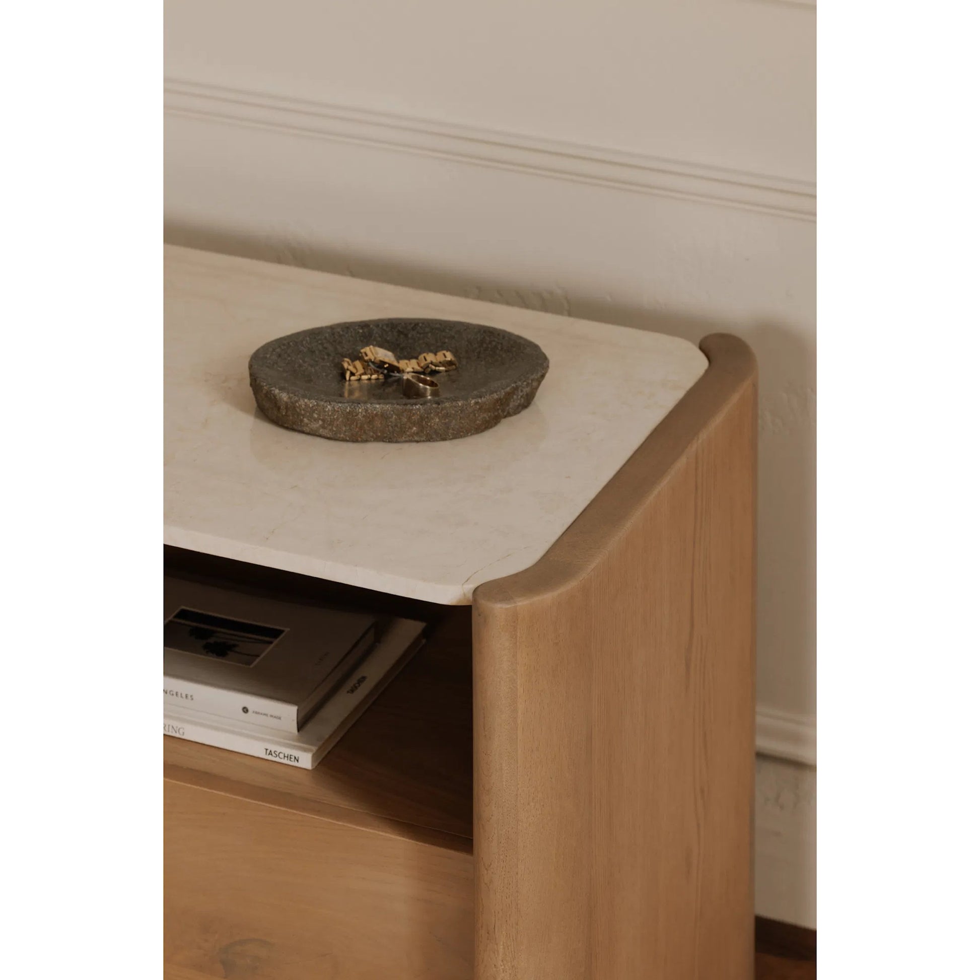 Lane Nightstand by Moe's Home Collection in natural. Made from oak, oak veneer, bottichino marble in a transitional style.