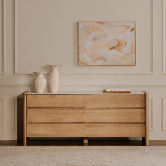 Lane 6 Drawer Dresser by Moe's Home Collection in natural. Made from oak, oak veneer, bottichino marble in a transitional style.