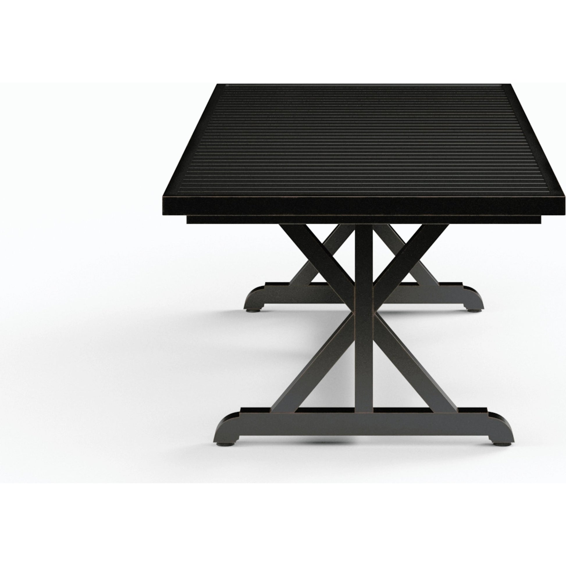 Monterey Outdoor 96" Dining Table by Sunset West in copper. Made from aluminum in a traditional style.