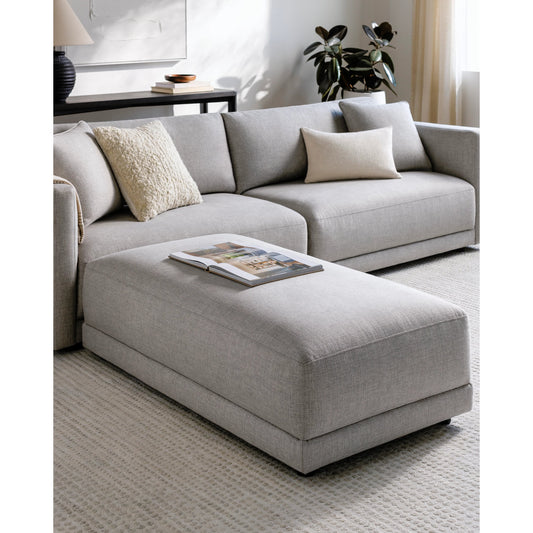 Parley Ottoman by Surya in wood and wood finish. Made from upholstery: polyester, base: rubber wood, fill: 85% polyurethane foam, 15% polyester, polyfill in a modern style.