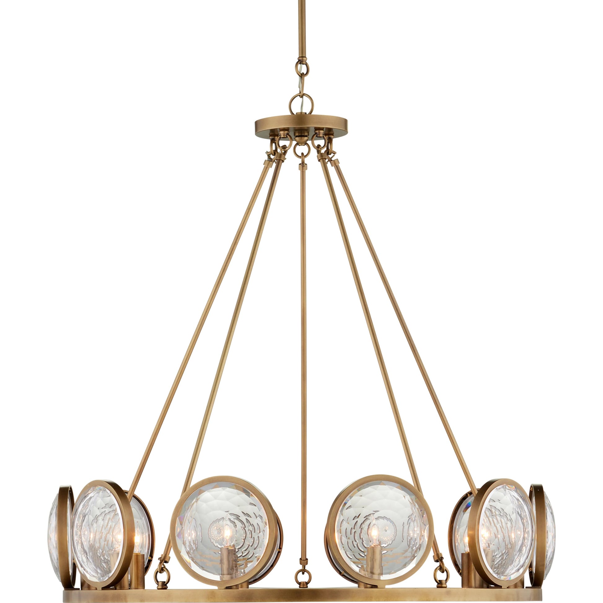 Marjiescope Chandelier by Currey and Company in antique brass. Made from metal, brass, prism optic crystal in a traditional style.