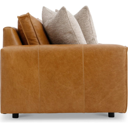 Nest Leather Sofa by Bernhardt in tan. Made from leather, polyfoam core, polyester fibers, waterfowl feathers, waterfowl down in a traditional style.