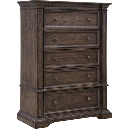 Woodbury Five-Drawer Chest by Pulaski Furniture in cowboy boots brown. Made from rubberwood in a traditional style.