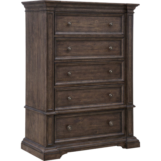 Woodbury Five-Drawer Chest by Pulaski Furniture in cowboy boots brown. Made from rubberwood in a traditional style.