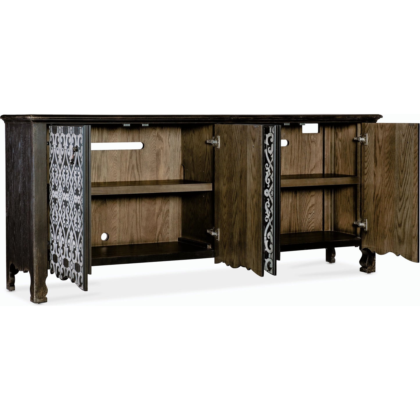 002 SI-2185751 | Additional Silo | Americana Entertainment 4-Door Credenza by Hooker Furniture in molasses. Made from oak veneers with solid-wood edge top in a modern style.