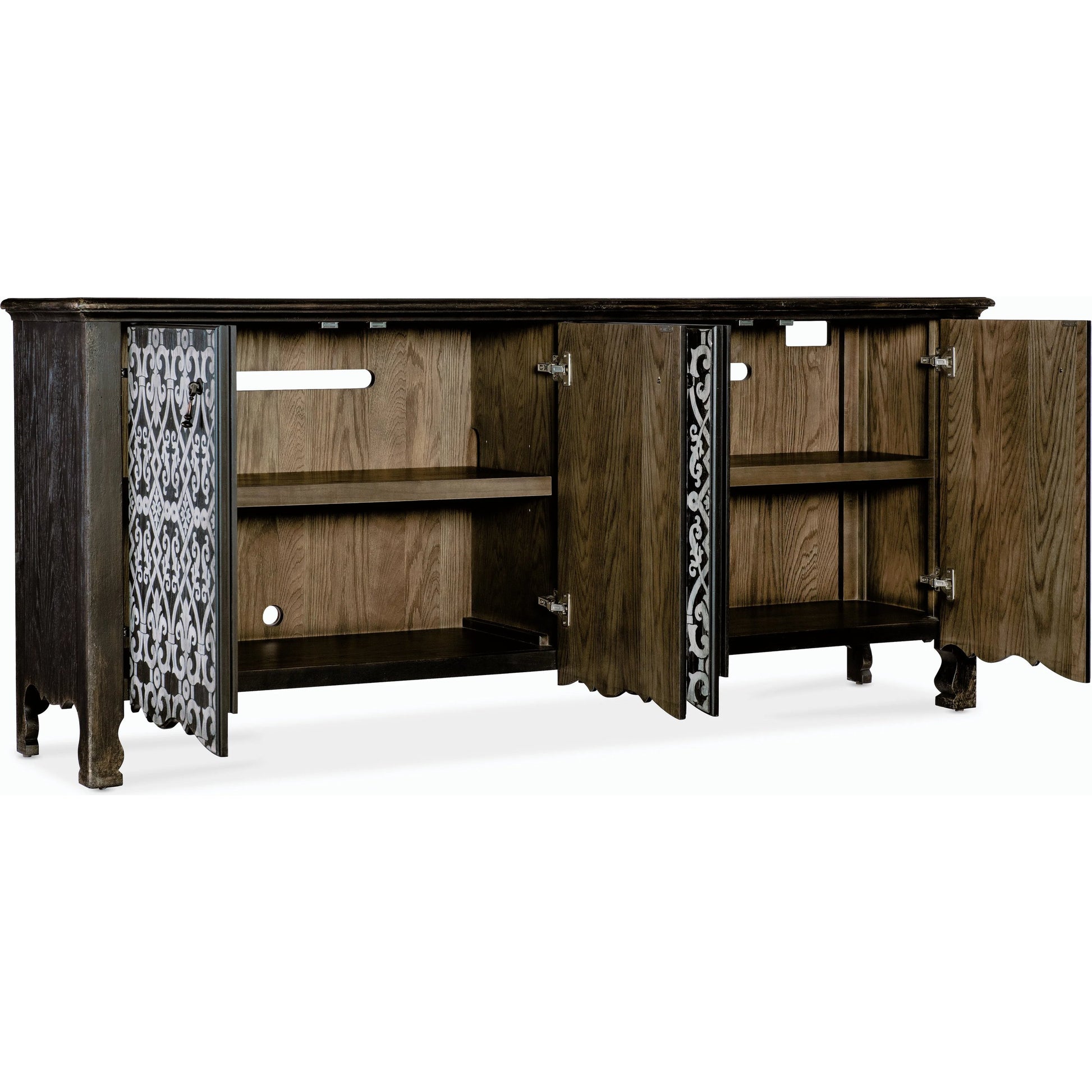 Americana Entertainment 4-Door Credenza by Hooker Furniture in molasses. Made from oak veneers with solid-wood edge top in a modern style.