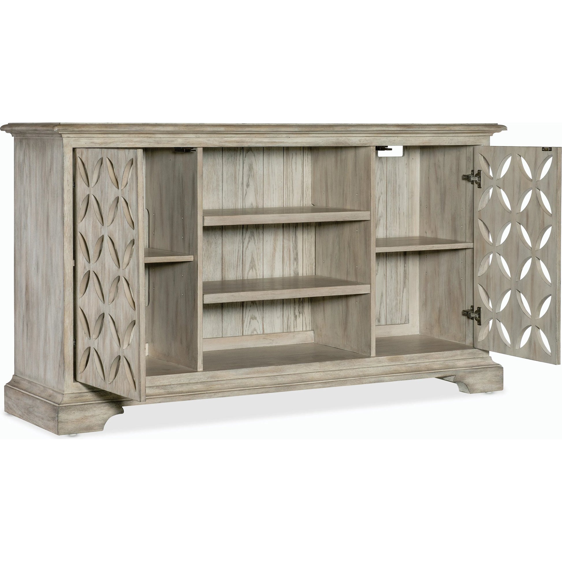 Commerce & Market Underhill Entertainment Console by Hooker Furniture in light wood and light gray finish. Made from oak veneers in a modern style.