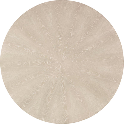 Nouveau Chic Round Pedestal Dining Table by Hooker Furniture in sandstone. Made from oak veneers, resin in a modern style.