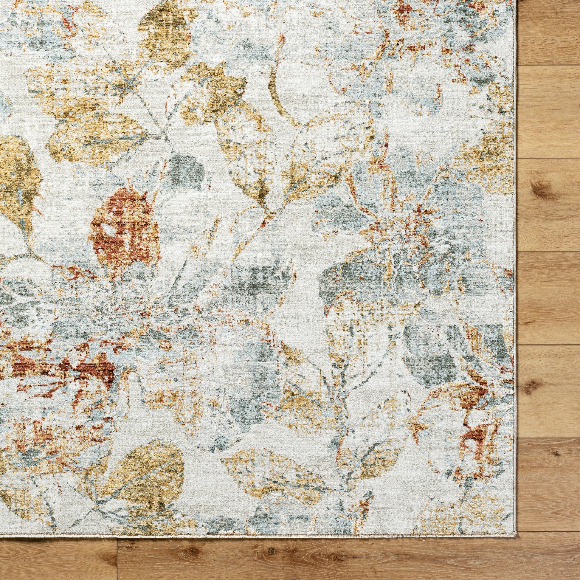 Roseanne RSE-2300 Rug by Livabliss in light gray, medium gray, mustard, light blue, deep teal, rust. Made from face: 65% polyester