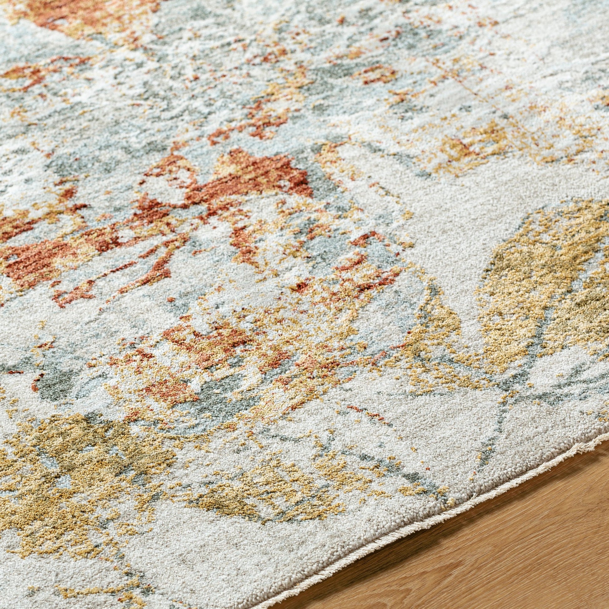 Roseanne RSE-2300 Rug by Livabliss in light gray, medium gray, mustard, light blue, deep teal, rust. Made from face: 65% polyester