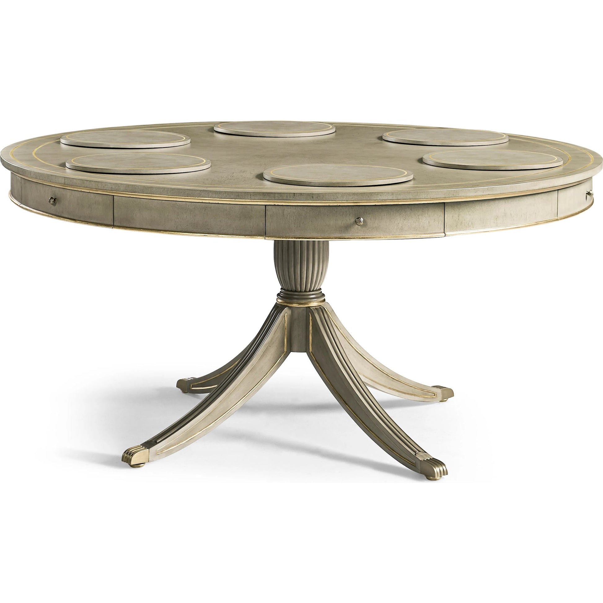 Timeless Solar Spider Leg Pedestal Dining Table by Jonathan Charles in sun bleached cherry. Made from cherry, brass in a modern style.