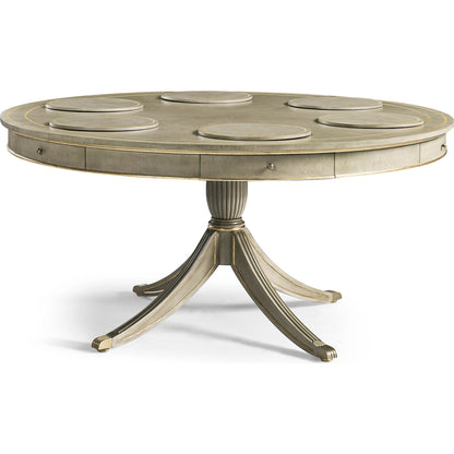 Timeless Solar Spider Leg Pedestal Dining Table by Jonathan Charles in sun bleached cherry. Made from cherry, brass in a modern style.