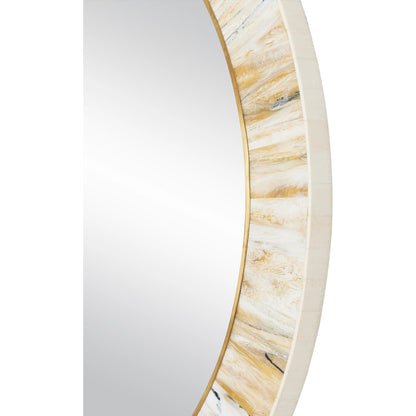 Niva Round Wall Mirror by Currey and Company in cream, brass, mirror. Made from composite, brass, glass, engineered hardwood in a modern style.