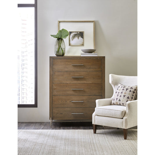 Chapman Five-Drawer Chest by Hooker Furniture in sorrel. Made from white oak veneers, metal in a modern style.