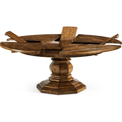 Casual Accents Country Walnut Round Extendable Dining Table 59" by Jonathan Charles in brown and country farmhouse walnut. Made from acacia in a traditional style.