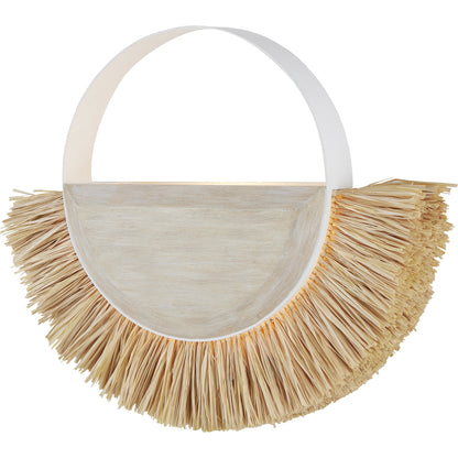 Seychelles Wall Sconce by Currey and Company in sugar white, sandstone, natural. Made from wrought iron, wood, raffia in a coastal style.