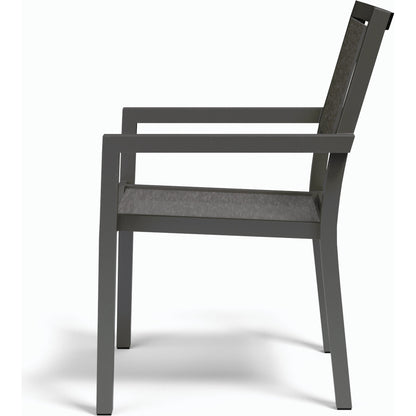 Vegas Outdoor Stackable Sling Dining Chair by Sunset West in graphite. Made from aluminum in a modern style.