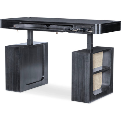 Kenzo Adjustable-Height Desk by Hooker Furniture in black and classic black. wood grain. Made from eucalyptus veneers, raffia in a unique style.