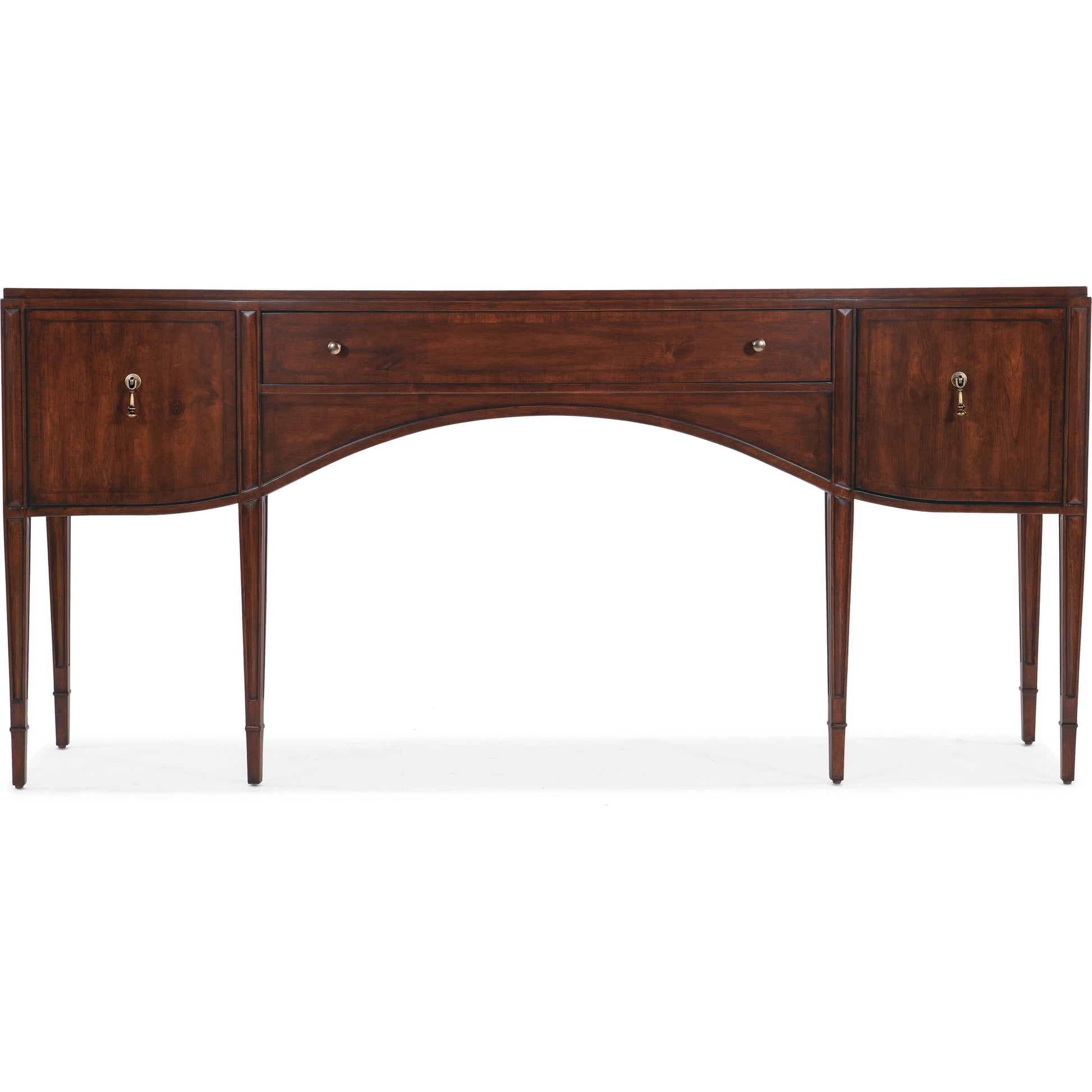 Charleston 78" Console Table by Hooker Furniture in maraschino cherry. Made from cherry veneers, walnut inlay in a transitional style.