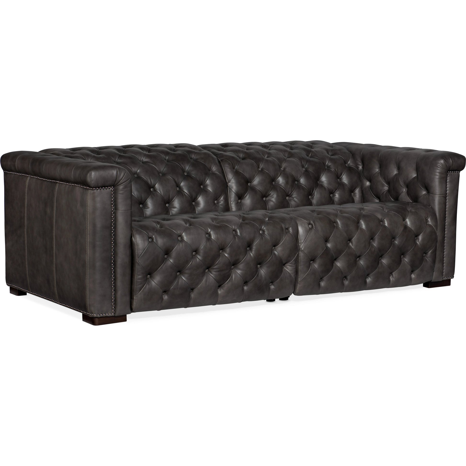 Savion 2 Over 2 Power Reclining Sofa by Hooker Furniture in bellagio gravel and dark wood. Made from leather (finished top grain with split) in a transitional style.