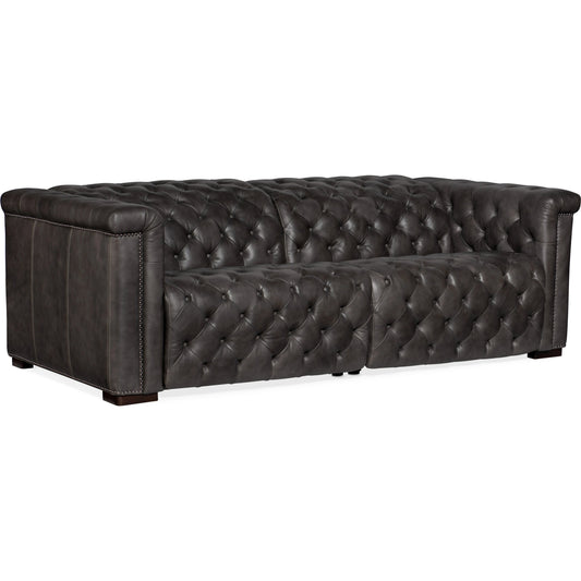 Savion 2 Over 2 Power Reclining Sofa by Hooker Furniture in bellagio gravel and dark wood. Made from leather (finished top grain with split) in a transitional style.