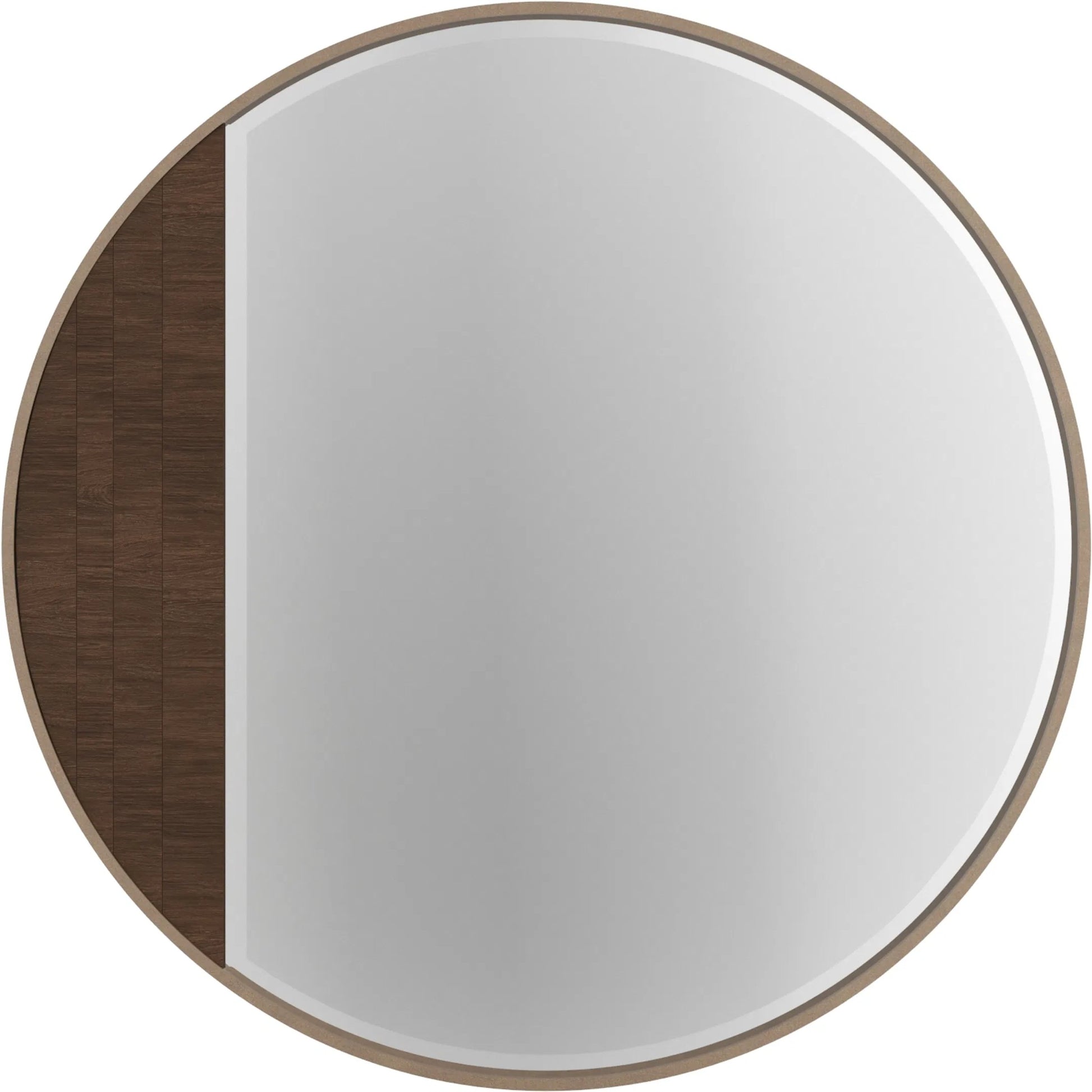 Verge Round Mirror by A.R.T. Furniture in handcrated walnut. Made from poplar solids, flat cut walnut veneers in a transitional style.
