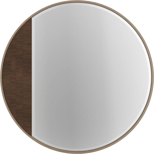 Verge Round Mirror by A.R.T. Furniture in handcrated walnut. Made from poplar solids, flat cut walnut veneers in a unique style.