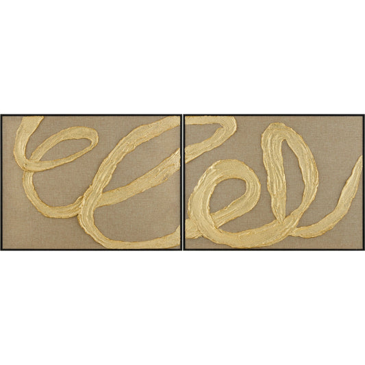 Rubans Framed Art (Set of 2) by Livabliss in gold, taupe and hand painted. Made from canvas, polystyrene in a unique style.