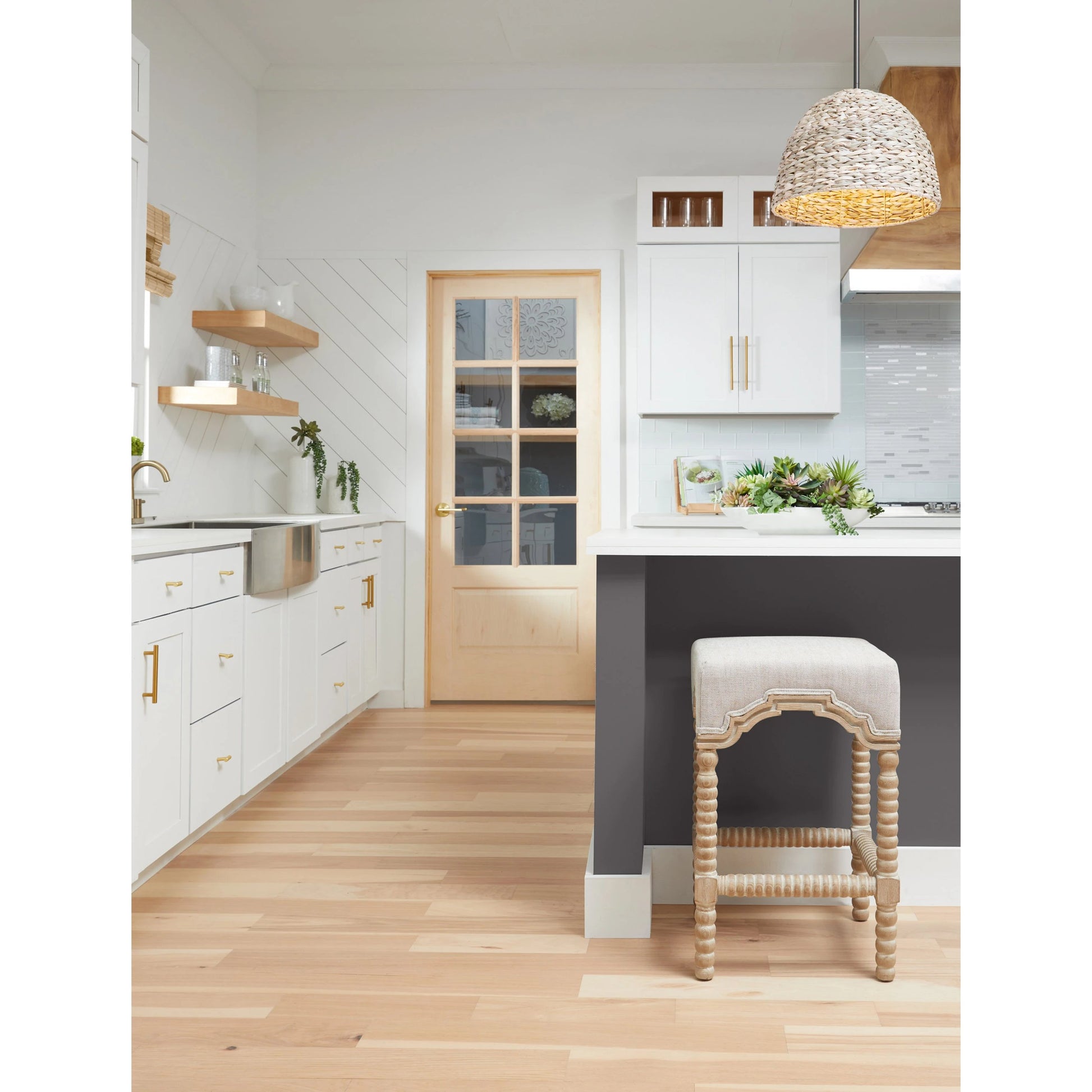 Rue Counter Stool by Essentials For Living in natural gray, bisque. Made from solid ash, 100% linen in a eclectic & global style.