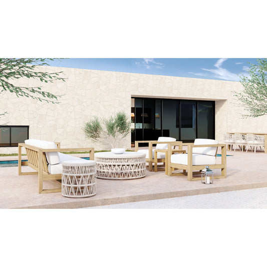 Dana Outdoor End Table with Marble Top by Sunset West in natural. Made from olefin rope in a coastal style.