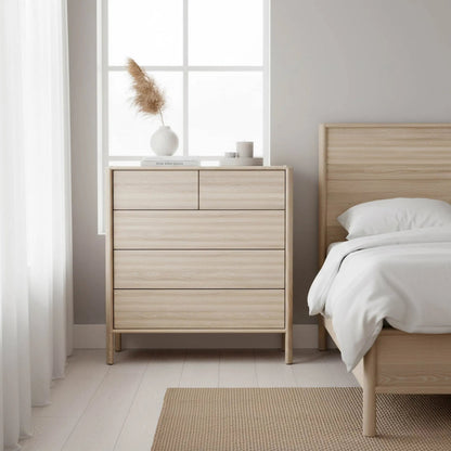 Runway 5 Drawer Chest by LH Imports in light oak. Made from oak in a unique style.