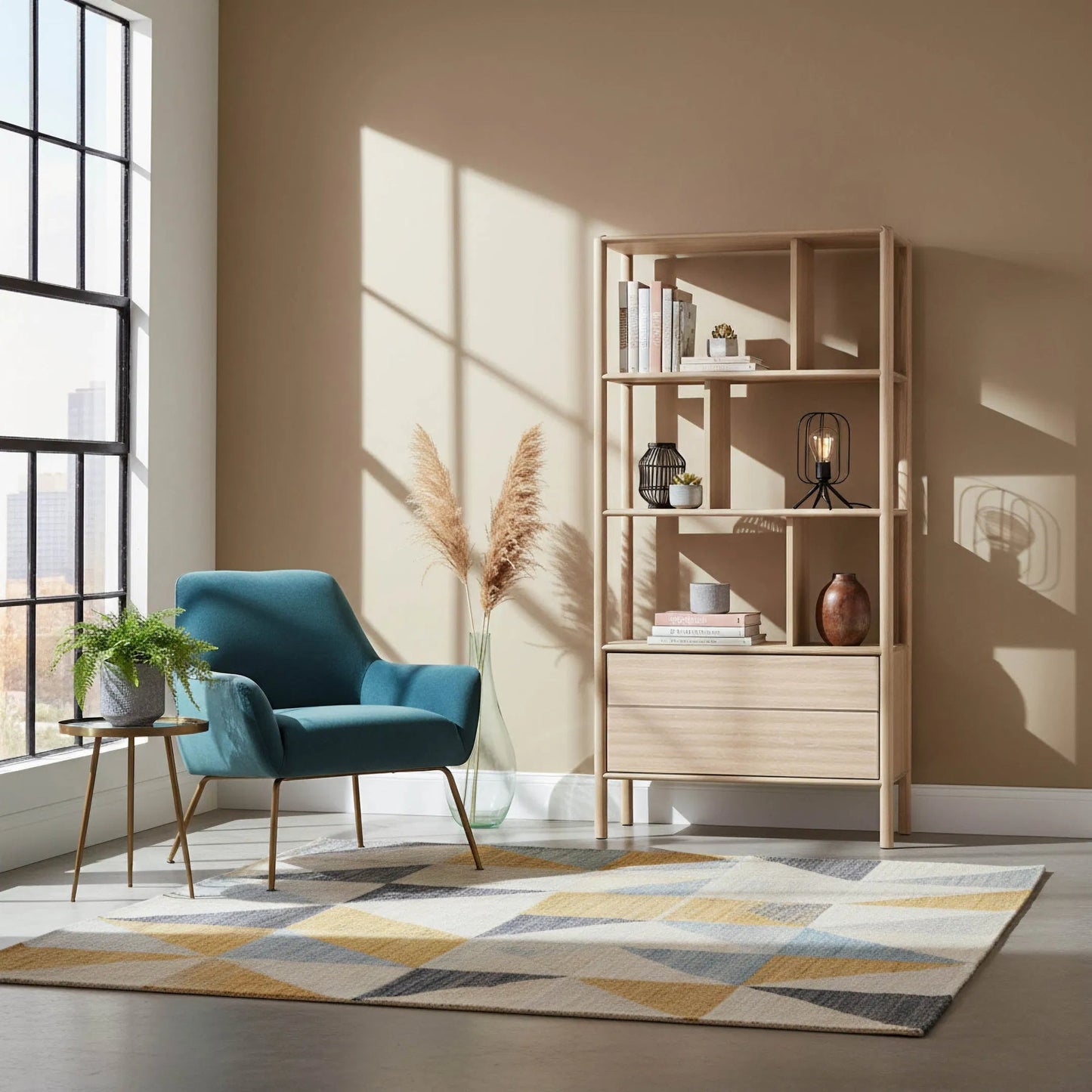 001 SI-2527552 | Lifestyle | Runway Bookcase by LH Imports in light oak. Made from oak in a unique style.